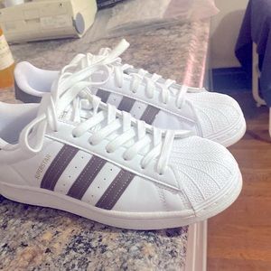 Adidas superstar with dark metallic brown stripes wore 2x only